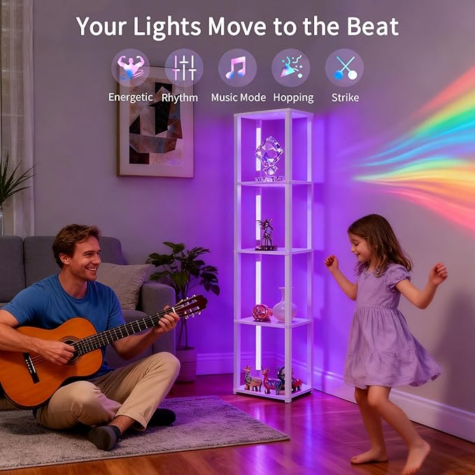 RGBCW Floor Lamp with Shelves, Smart Modern Floor Lamp with Music Sync, Color Changing Corner Display Shelf Lamp, Dimmable Standing Lamp for Living Room and Bedroom, Office, White