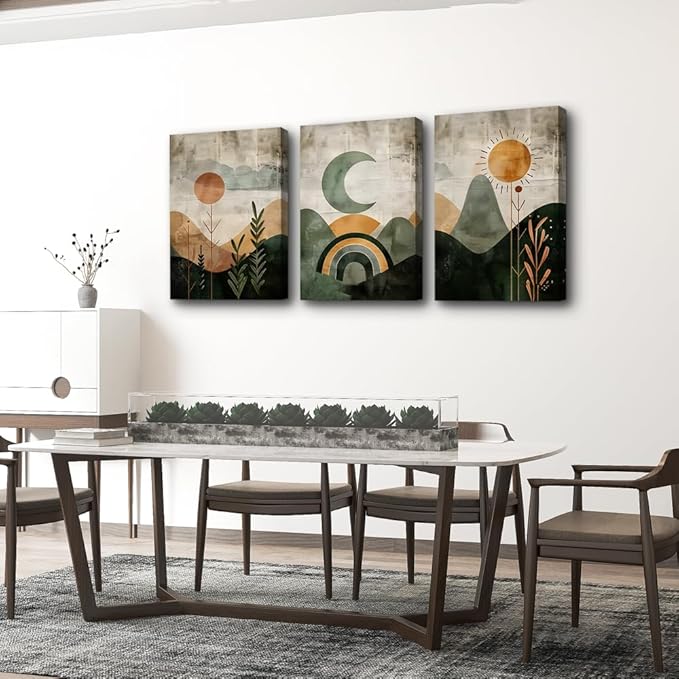 TTHYUEWS Large Canvas Wall Decor For Living Room Boho Wall Art For Bedroom Office Wall Decor Abstract Wall Paintings Vintage Geometry Pictures Artwork Modern Home Decorations 3 Piece Ready To Hang