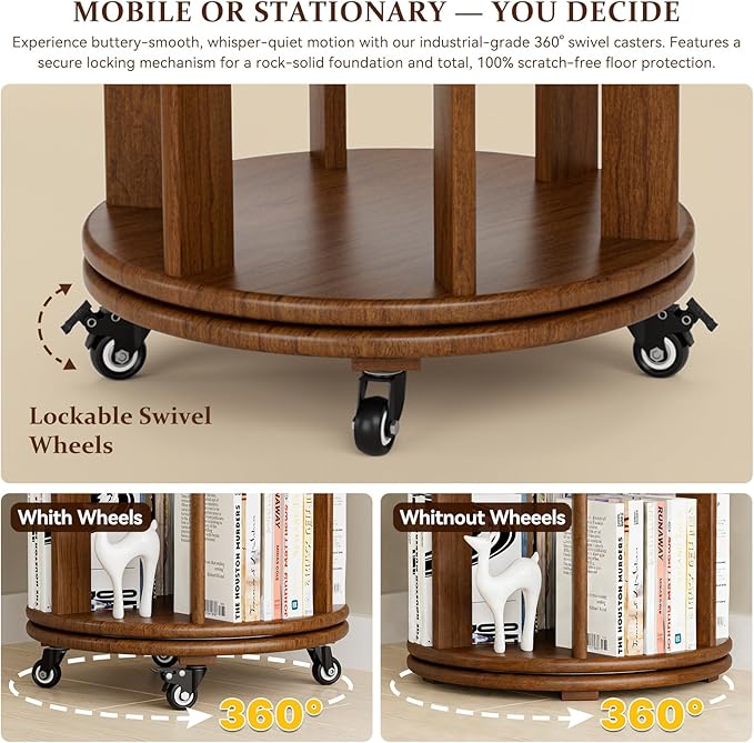 Rotating Bookshelf Towers Solid Wood Revolving Bookcase 6 Tier Tall Spinning Book Rack on Wheels Vertical Corner Book Organizer for Small Apartments, Bedrooms, Living Rooms, Reading Nooks, Hallways