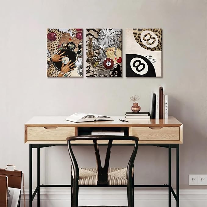 TUEASKY 3 Piece Canvas Wall Art Cheetah Wall Decor Y2K Pictures Vinyl Record Paintings Leopard Prints Lucky 8 Ball Artwork for Bedroom Game Room Bar Party