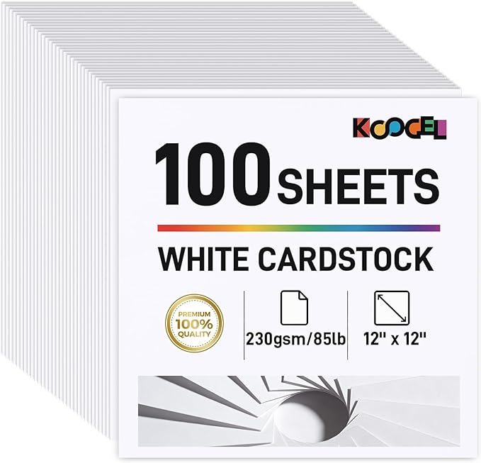 Koogel 100 Sheets White Cardstock, 12 x 12 Inch Craft Paper Construction Paper for Printer Card Making, Back to School Supplies, 230GSM