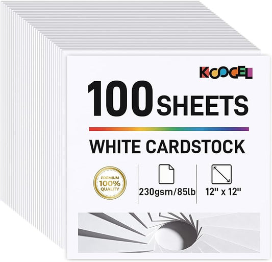 Koogel 100 Sheets White Cardstock, 12 x 12 Inch Craft Paper Construction Paper for Printer Card Making, Back to School Supplies, 230GSM