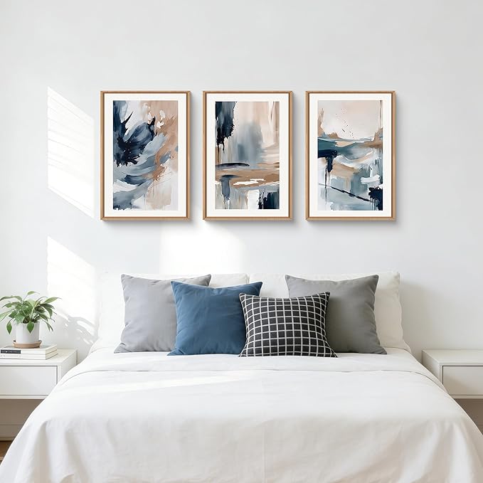 Abstract Navy Blue Framed Canvas Wall Art Set,Neutral Brush Stroke Wall Decor,Watercolor Pastel Brown Artwork,Modern Minimalist Color Block Art Print for Living Room,Bedroom,Office-16 x24 x3