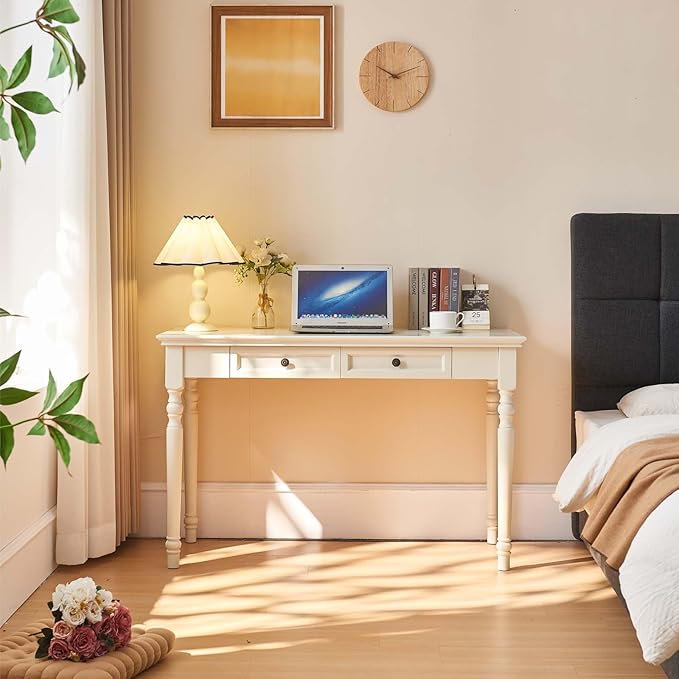 White Writing Desks with Drawers, 47" Solid Wood French Country Style Computer Desk for Home Office, Living Room Study or Workspace