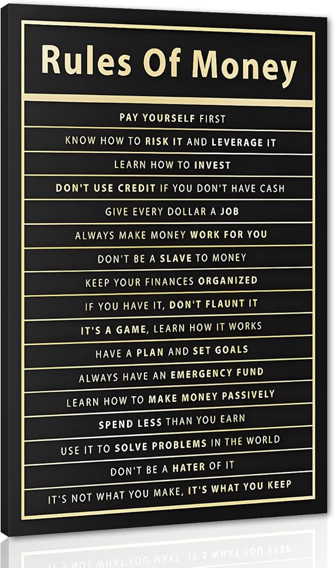 Rules Of Money Motivational Wall Art Canvas Print Office Decor Financial Poster Entrepreneur Millionaire Inspirational Quote Framed Easy to Hang-28 inch x 44 inch