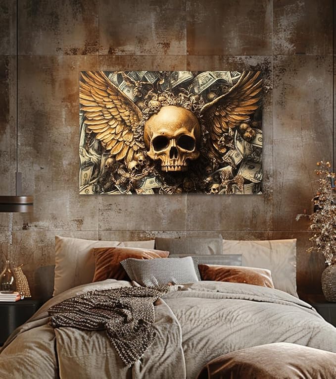 Money Wall Art Skull Stacked Dollar Posters Wall Decor Wealth and Death Concept Canvas Artwork Suitable for Gothic Style Home Living Room Bedroom Ready to Hang 24x36inch