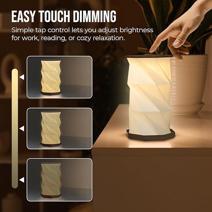 Origami Expanding Foldable LED Desk Lamp – USB Rechargeable & Portable - Dimmable Touch Control Light with Adjustable Height up to 8.25" for Office, Travel, Bedside & Modern Design (Wood Grain)