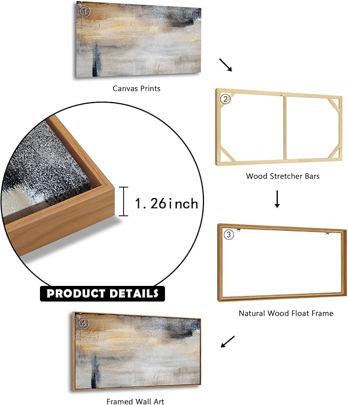Baisuwallart WKBS0375Wall Art Decor Large Canvas Print Picture Gray and Black Abstract Painting Artwork for Office Wall Decor Home Decoration Natural Wood Framed Ready to Hang Artwork