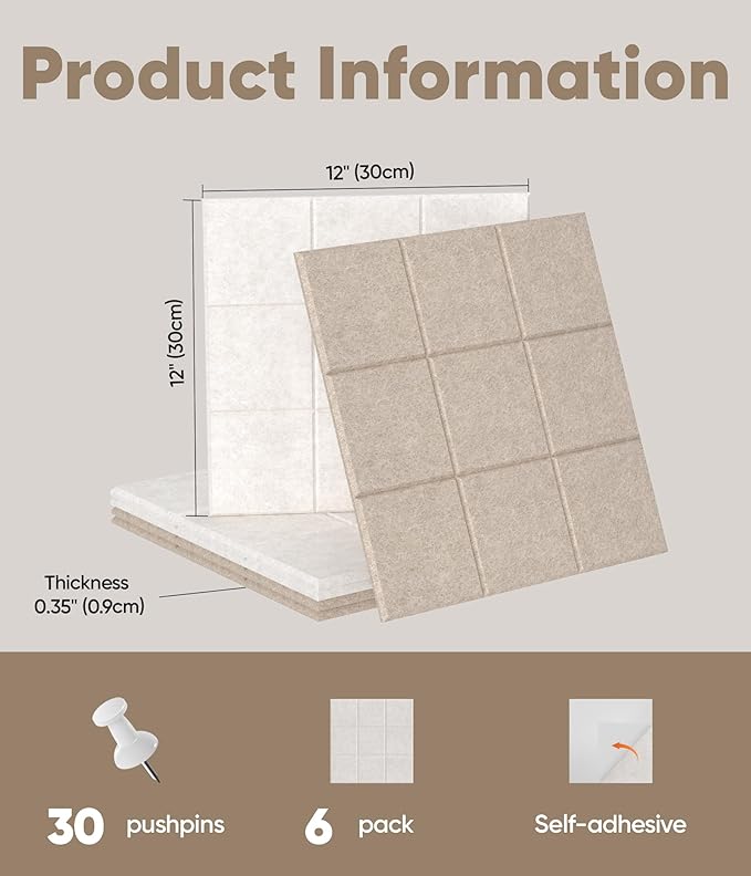 Large Cork Board for Walls 36" x 24", 6 Pack Felt Wall Tiles with Push Pins for Office Home, Pin Board Bulletin Board for Photo Pictures, Tan Mix