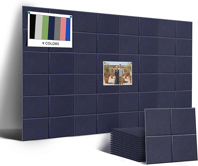 MISSDAY Blue Acoustic Wall Panel Felt Bulletin Board 48" x 36" Cork Board for Wall, 12-Pack Boards with 72 Removable Adhesive Tabs, 50 Pins, Pin Board for Home Office Classroom Soundproof Wall Tile