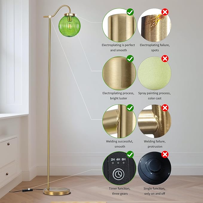 MAYNA Globe Floor Lamp, Emerald Green Round Glass Standing Lamp with Built-in Timer Switch, Gold Tall Vintage Lamps for Living Room Bedroom, 2700K LED Bulb Included
