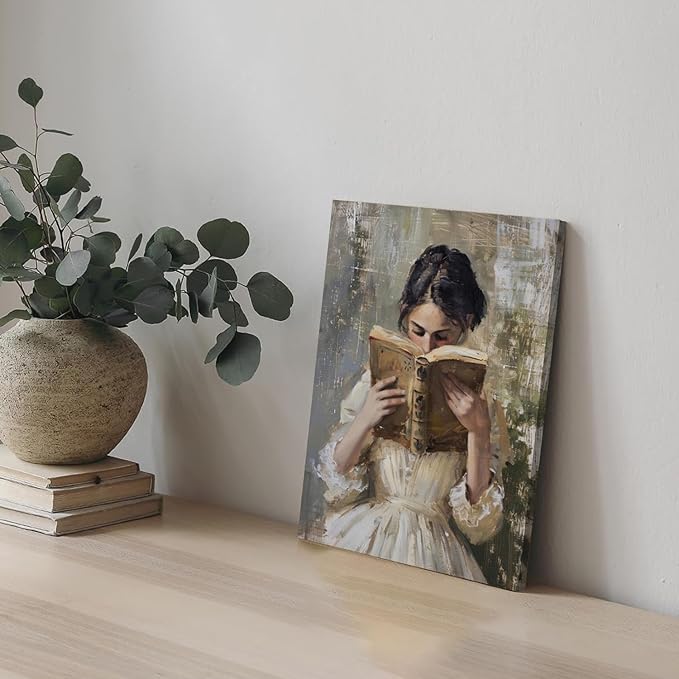 Vintage Victorian Woman Reading Book Wall Art Light Academia Wall Decor Paintings Picture Moody Girl Aesthetic Poster Canvas Print for Bedroom Living Room Dorm Library Nook 16x24 Inch Framed