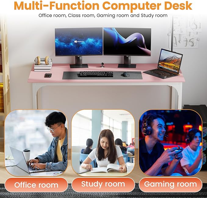Dkelincs 47 Inch Computer Desk Home Office Desk Gaming Writing Desk Modern Simple Style Study Work Table with Metal Frame, Large Legroom, Adjustable Feet, Water-Resistant, Scratchproof Surface, Pink