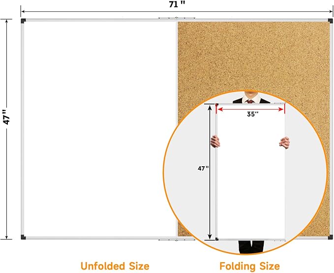 XBoard Extra Large Magnetic White Board and Bulletin Corkboard Combination, 72 x 48 Inch Foldable Dry Erase & Cork Combo Board for wall with Aluminum Frame, 6' x 4' Notice Memo Board Pin Vision Board