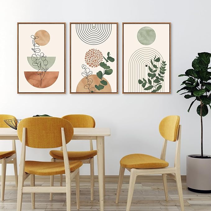 Boho Terracotta Green Framed Canvas Wall Art Set, Abstract Plant Wall Decor, Mid Century Modern Geometric Wall Painting, Neutral Abstract Art Print to Living Room, Bedroom, Office 36"x24"x3