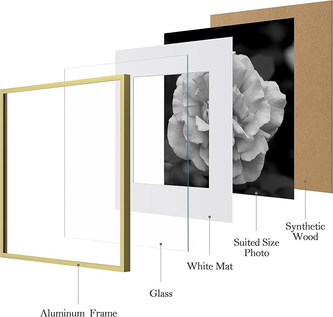 eletecpro Aluminum Gallery Wall Frame Set of 6, 12 x 12 Metal Photo Frames Display 8x8 Photo with Mat or 12x12 without Mat, Picture Frame Collage Wall Decor, Gold