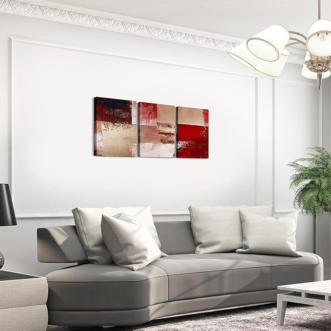 jejeloiu 12"x16"x3pcs Abstract Oil Painting Office Decorations Artwork Posters Abstract Art 3 Piece Canvas Wall Art for Living Room Bedroom Red Modern Picture Wall Decor