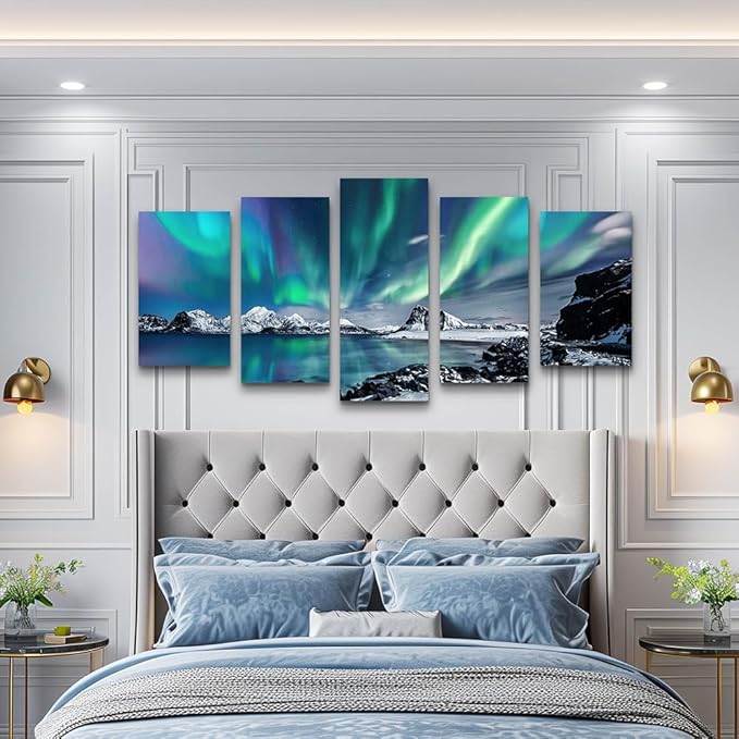 Large Wall Decor For Living Room Canvas Wall Art For Bedroom Blue Aurora Scenery Paintings Modern Canvas Art Prints Ready To Hang Office Pictures For Home Wall Decorations Artwork 5 Piece Set