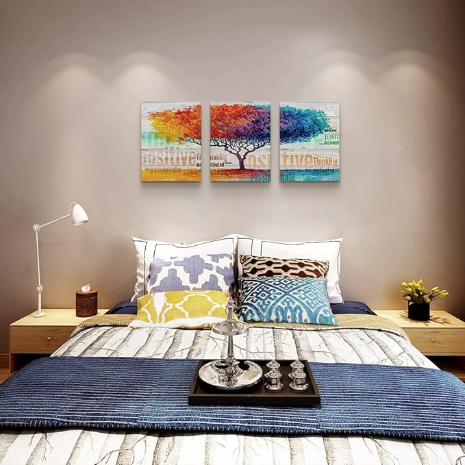 Boho Abstract Color Tree Wall Paintings - 3 Piece Set for Living Room, Bedroom, Office & Bathroom - Ready to Hang Artworks
