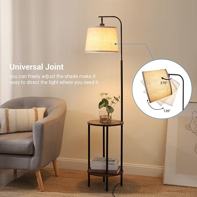 DEWENWILS Floor Lamp with Table Attached, Farmhouse Narrow Nightstand, Wooden End Side Table Floor Lamp, Adjustable Reading Lamp for Bedroom, Living Room, Office, Kids Room