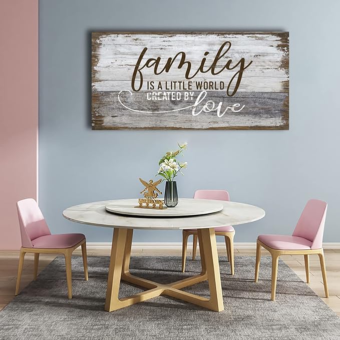tigeridge Family Is a Little World Created by Love Canvas Wall Art Rustic Letters Prints Retro Farmhouse Wooden Board Canvas Pictures Wall Decor Vintage Artwork for Living Room Decoration 29" x 58"