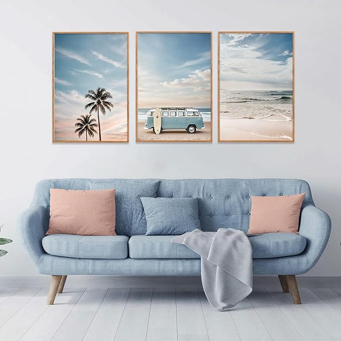 Ausril Large Surfboard Ocean Beach Framed Canvas Wall Art Set, Coastal Beach Wall Decor, Bus and Palm Tree Wall Painting, Blue Van Seaside Art Prints for Living Room, Bedroom, Dining Room - 16"x24"x3