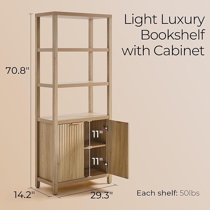 71" Tall Fluted Bookshelf with Cabinet, 5-Tier Large Bookcase with Adjustable Shelves and Doors, Storage Book Shelf for Living Room, Bedroom, Office (Golded Oak, 2PCS)