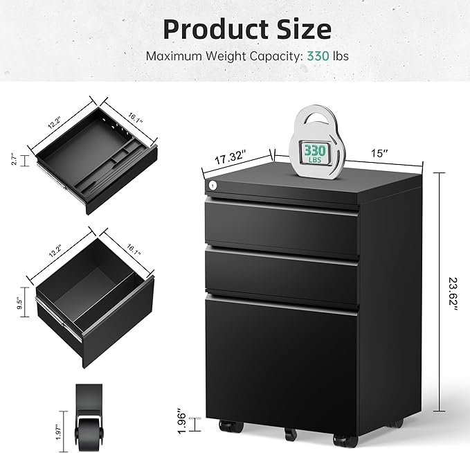 Bonusall 3 Drawer File Cabinet with Lock, Small Under Desk Filing Cabinet for Home Office, Fully Assembled Metal Rolling Storage Fits A4/Letter/Legal, Black
