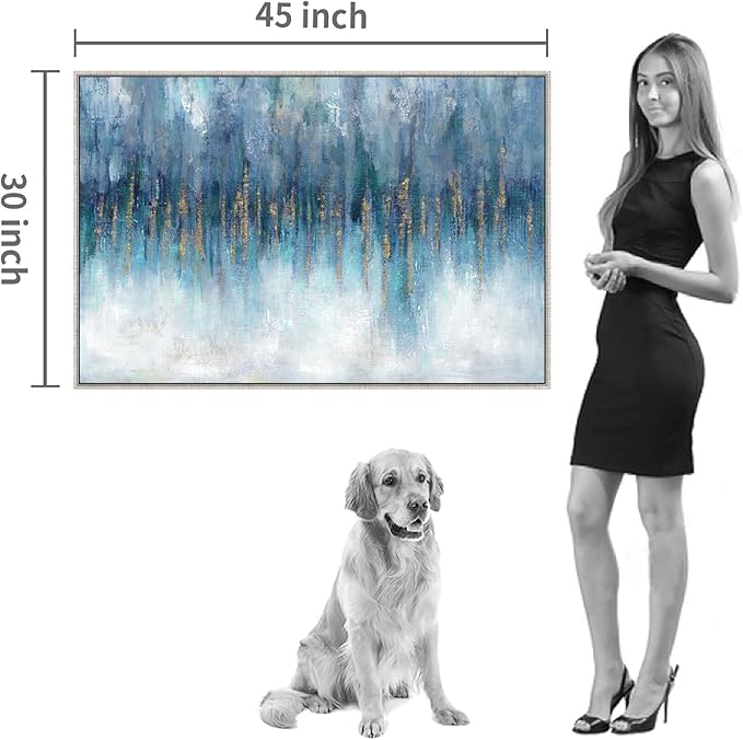 Blue Abstract Art Canvas Painting: Hand Painted Heavy Textured Gold Foils Champagne Wall Art Framed for Walls (45'' x 30'' x 1 Panel)