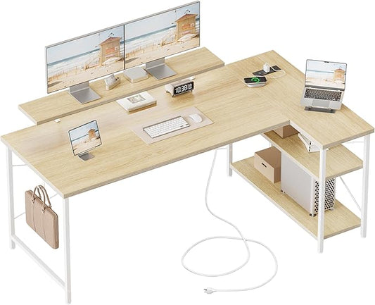 Mericonia Small L Shaped Computer Desk with Power Outlets, Reversible Gaming Desk with Storage Shelves & Monitor Stand, Corner Gamer Desk Table, Study Writing Table