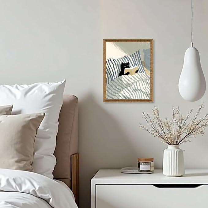 Fantasy Artists Black Cat Reading in Bed Wall Art, Quiet Character Illustration with Soft Neutral Tones, Calm Lifestyle Canvas Print for Bedroom, Reading Nook or Home Office, 8W x 10H