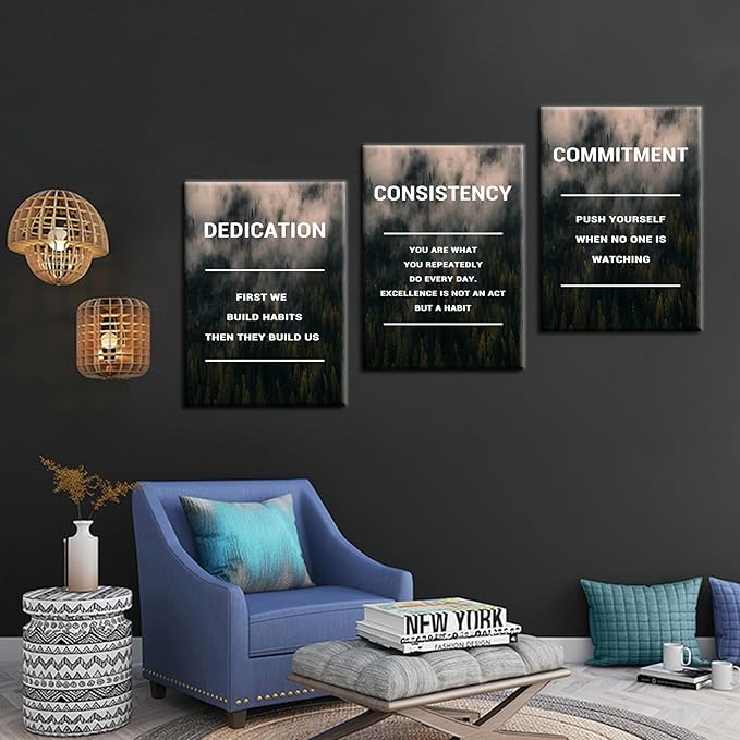 Inspirational Poster Wall Decor Dedication Consistency Commitment Motivational Wall Art Positive Signs Print on Canvas Picture Painting for Living Room Workplace Artwork Ready to Hang [60''Wx28''H]