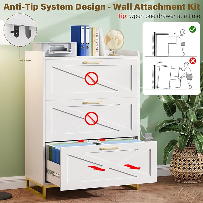Vabches File Cabinet 3 Drawers Lateral File Cabinet with Charging Station for Letter/Legal/A4 Size Hanging Files, Large Wood File Storage Cabinets Printer Stand for Home Office, White and Gold