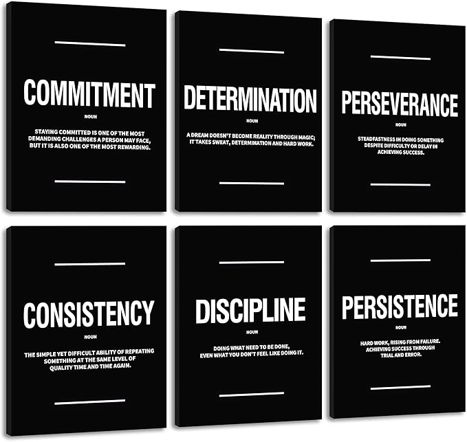 COSCTOR Set of 6 Motivational Wall Art Decor Inspirational Quotes Framed Canvas Black and White Pictures for Workplace Office Garage Gym Classroom Bedroom(Framed,12x16)