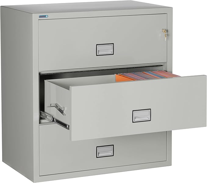 38 inch Wide 3-Drawer Lateral Fireproof File Cabinet – Legal and Letter Size Filing – Key Lock – Water Resistant – Fire Safe and Impact Rated – Light Gray Finish – Model LAT3W38LG