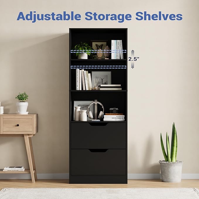 Bookcase with 2 Drawers, 63" 3-Tier Bookshelf with Storage, 3 Shelf Book Shelf with Adjustable Shelf, Modern Bookshelf, Open Shelves Bookcase for Study, Bedroom & Home Office, Black