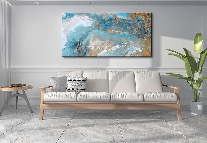 Blue Abstract Canvas Wall Art for Living Room, Navy and Gold Fluid Marble Picture Prints, Modern Painting Artwork for Bedroom, Bathroom, Office, Home Decor 20x40 Inch