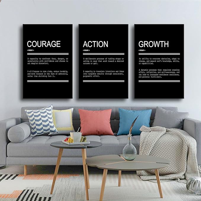 3 Pieces Motivational Entrepreneur Quotes Inspirational Canvas Wall Art Picture Painting Courage Action Growth Poster Print for Living Room Office Gym Wall Decor Stretched and Framed [72''Wx36''H]