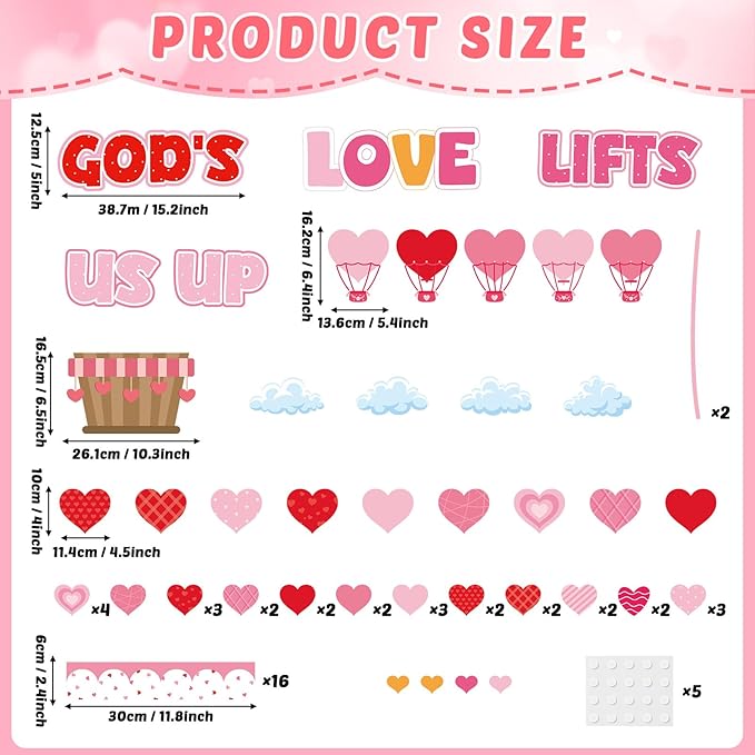 Valentine's Day Bulletin Board Set Hot Air Balloon Bulletin Board Classroom Decoration Valentines 3D Heart Cloud Religious DIY Photo Cutouts for School Classroom Chalkboard Wall Door Decor