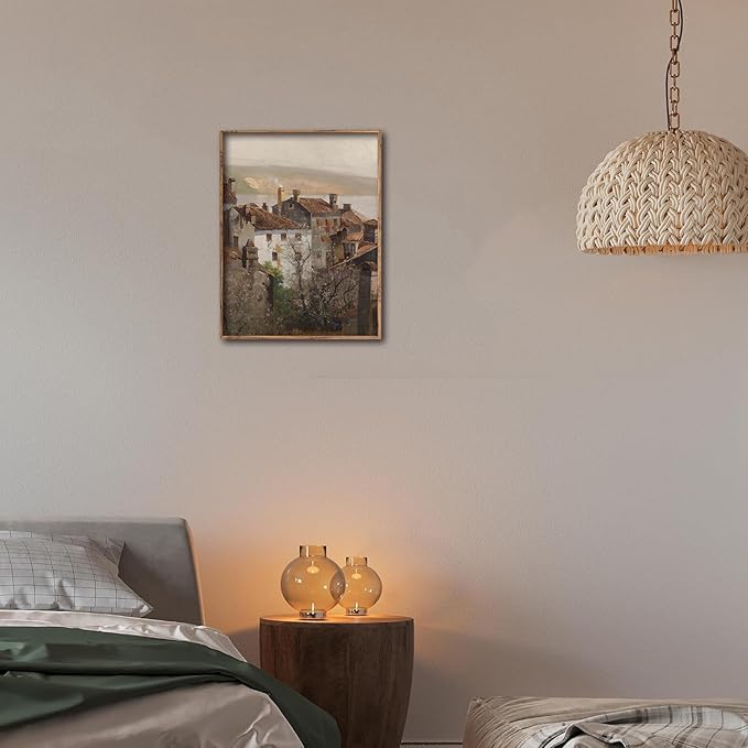 Kizbok Vintage Wall Art - Retro Rustic European Cityscape Canvas Oil Painting for Vintage Room Decor, Cozy Bedroom & Bathroom Decor (8" x 10" - UNFRAMED)