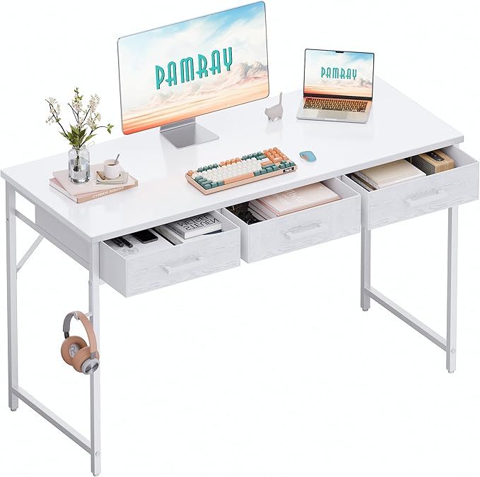 Pamray 47 Inch Small Computer Desk with 3 Drawers for Bedroom Study Writing Home Office Table for Small Spaces White