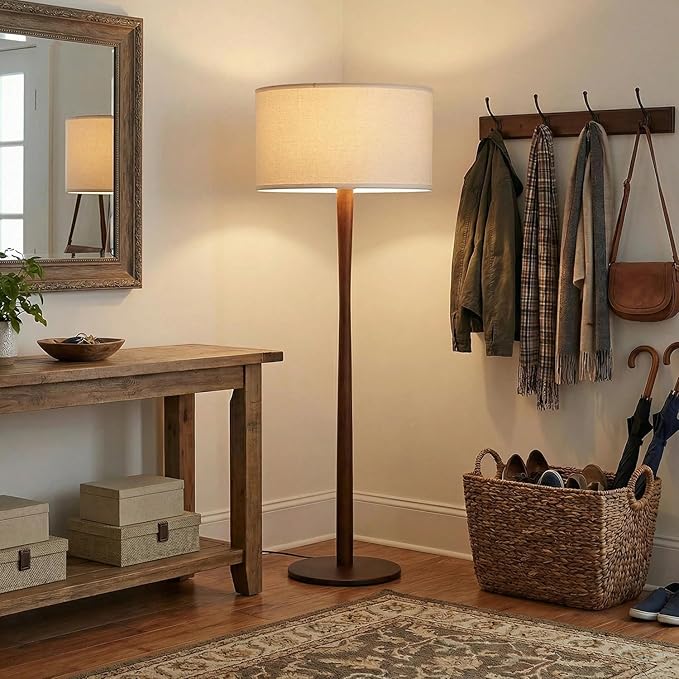 62" Tall Rustic Wood Floor Lamp for Living Room, Farmhouse Walnut Wood Floor Lamps with Linen Shade, UL Listed Standing Lamps with Wooden Base for Bedroom, Corner, Living Room, Office, Beige Shade