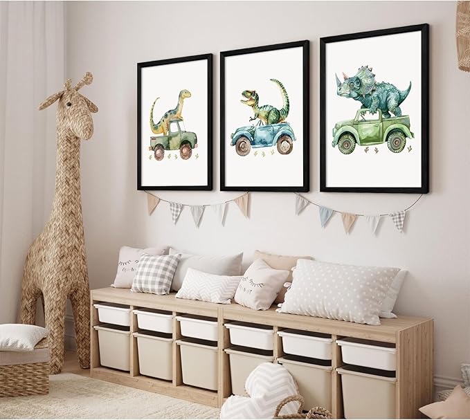 Dinosaur Nursery Wall Art Kids Canvas Poster Baby Boy Nursery Wall Decor Green Dino Pictures Toddler Prints Cartoon Dino Car Painting Boys Room Artwork for Bedroom Bathroom 12x16x3 Inch Wood Framed