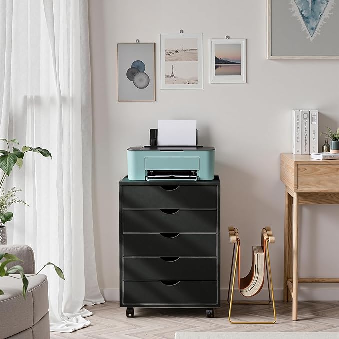 NEWBULIG 5 Drawers Mobile File Cabinet Under Desk Storage with Wheels Office Filing Cabinets Small Wooden Rolling Chest of Dawers for Home Office Black