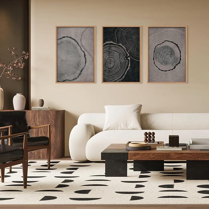 Ausril Tree Ring Framed Canvas Wall Art Set of 3, Modern Beige Wood Stump Wall Decor, Black and Gray Tree Spiral Wall Painting, Neutral Nature Art Print for Living Room, Bedroom, Office - 36"x24"