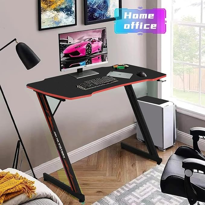 35" Z-Shaped Gaming Computer Desk with Hook - Cheap Home Office Desk for Bed, Sofa or Kids, Easy to Install, Lightweight to Move, Red