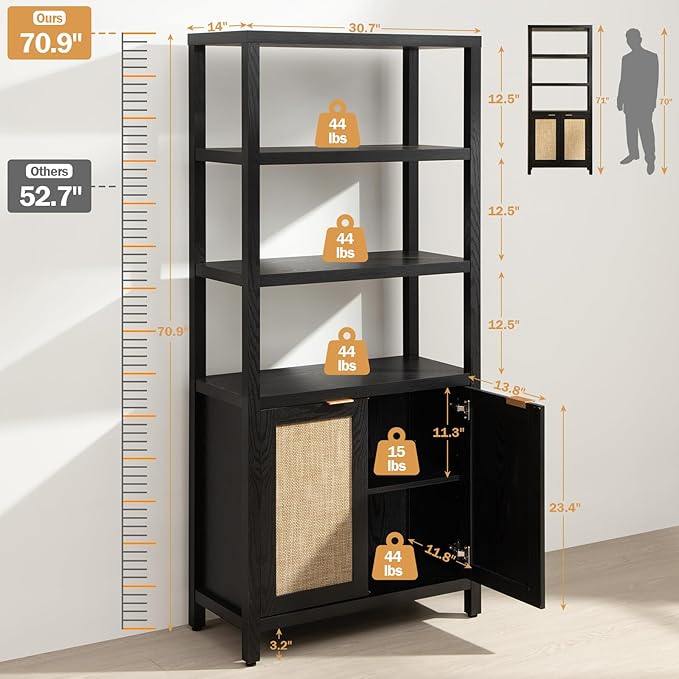 SICOTAS Bookshelf 5 Tier Book Shelf Rattan Boho 71" Tall Bookcase with Doors Storage Shelves Large Bookshelves Farmhouse Bookcases Library Book Case for Living Room Bedroom Home Office Kitchen