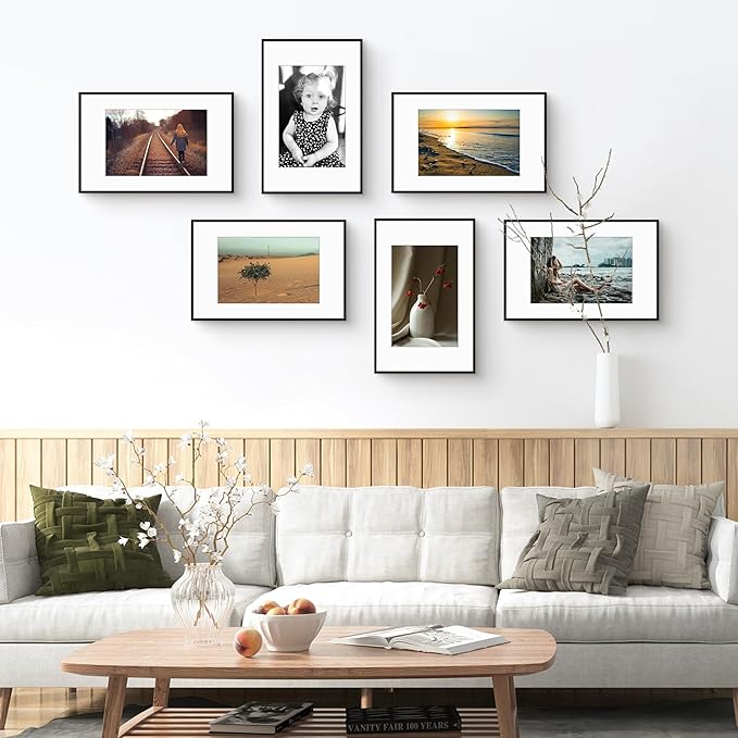Golden State Art 11x17 Picture Frame 6 Pack - Classic Black Aluminum Photo Frames With 8x12 Mats and Real Glass Cover - Elegant Minimalist Wall Gallery Frames for Home or Office Decor