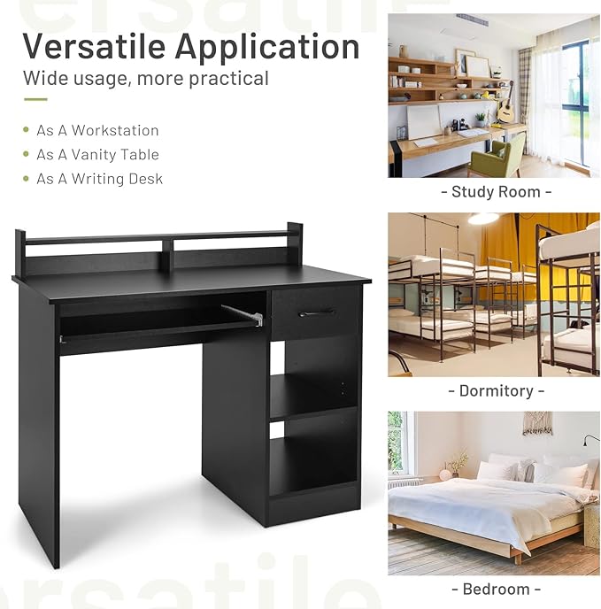 IFANNY Wooden Computer Desk, Black Home Office Desk w/Drawers, Keyboard Tray, Open Shelves & Monitor Stand, Modern Writing Desk, Compact Computer Desk for Small Spaces (Black)