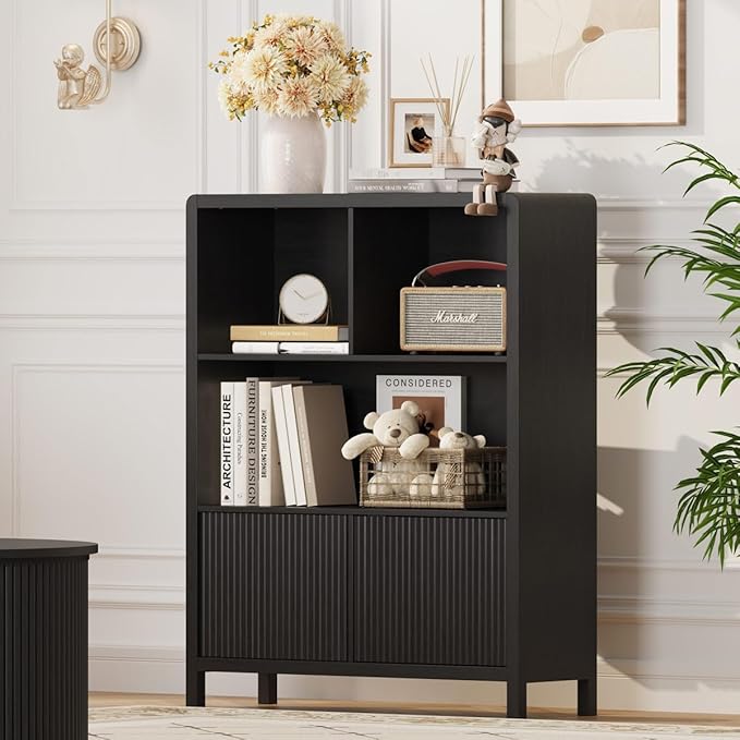 FATORRI Small Bookshelf with Storage, Wooden Cube Bookcase with Doors, Cube Storage Organizer for Home Office, Bedrooom, Living Room (Black)